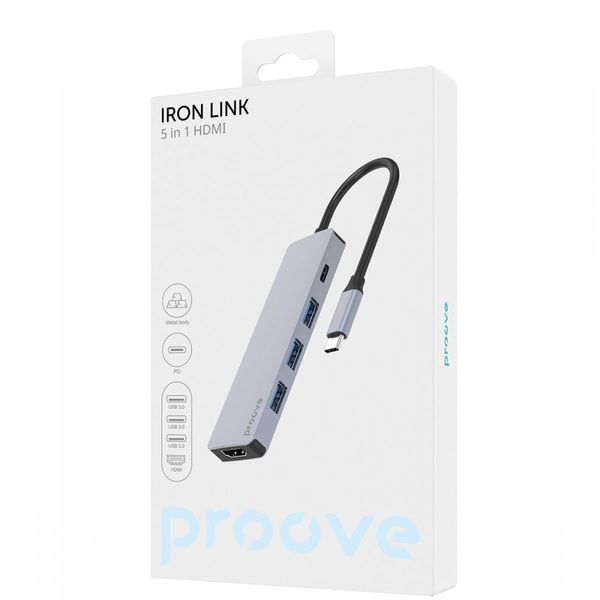 Type-C-Хаб Proove Iron Link 5 in 1 (3*USB3.0 + Tyce C + HDMI) silver 546900012 фото
