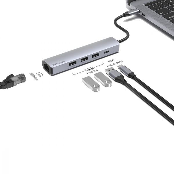 Type-C-Хаб Proove Iron Link 5 in 1 (3*USB3.0 + Tyce C + RJ45) silver 546890012 фото