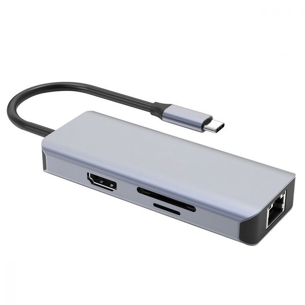 Type-C-Хаб Proove Iron Link 6 in 1 (2*USB3.0 + SD/TF + RJ45 + HDMI) silver 546910012 фото