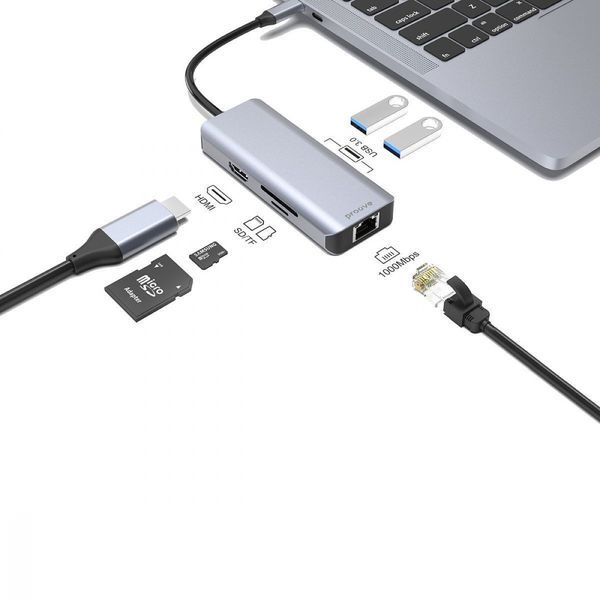 Type-C-Хаб Proove Iron Link 6 in 1 (2*USB3.0 + SD/TF + RJ45 + HDMI) silver 546910012 фото
