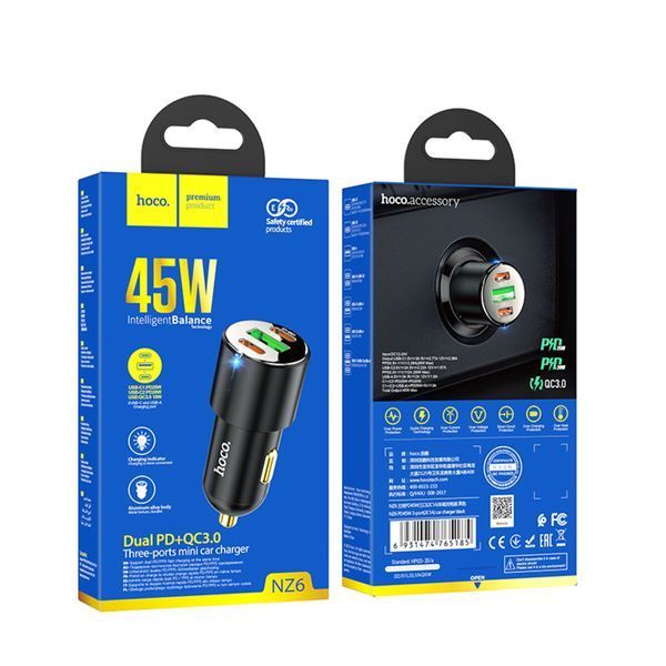 АВТОМОБИЛЬНОЕ ЗАРЯДНОЕ УСТРОЙСТВО HOCO NZ6 PD45W 3-PORT(2C1A) CAR CHARGER BLACK 20391 фото