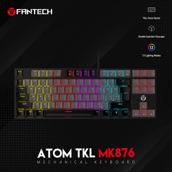 Ігрова провідна механічна клавіатура Fantech ATOM MK876, TKL, Blue "Clicky", RGB, Black/Gray 747383 фото