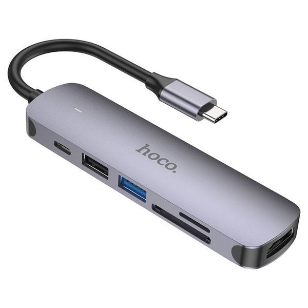 Мультиадаптер хаб Hoco HB28 6в1 Type-C to USB 3.0 (F)/ USB 2.0 (F)/ HDMI (F)/ Type-C (F)/ SD/ TF PD 100W 0.135m metal gray 00527 фото