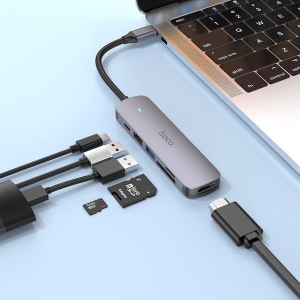 Мультиадаптер хаб Hoco HB28 6в1 Type-C to USB 3.0 (F)/ USB 2.0 (F)/ HDMI (F)/ Type-C (F)/ SD/ TF PD 100W 0.135m metal gray 00527 фото