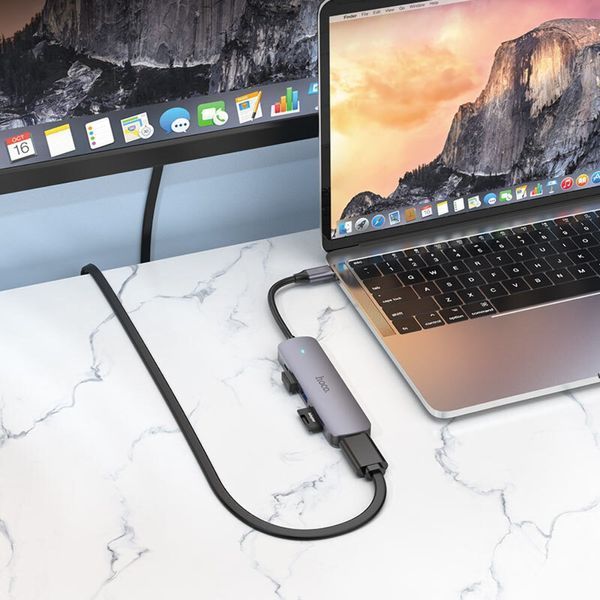 Мультиадаптер хаб Hoco HB28 6в1 Type-C to USB 3.0 (F)/ USB 2.0 (F)/ HDMI (F)/ Type-C (F)/ SD/ TF PD 100W 0.135m metal gray 00527 фото